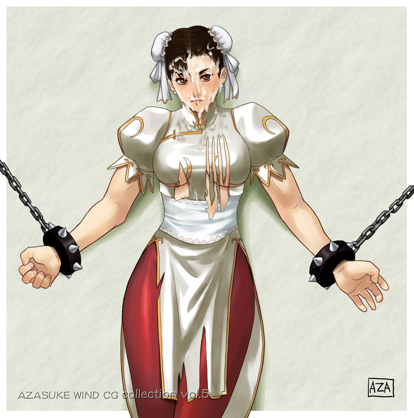 1girl azasuke bracelet capcom chained chains chun-li cum double_bun double_buns facial highres jewelry spiked_bracelet spikes street_fighter torn_clothes