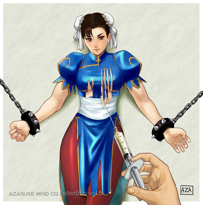 azasuke bracelet capcom chained chains chun-li double_bun double_buns highres jewelry spiked_bracelet spikes street_fighter