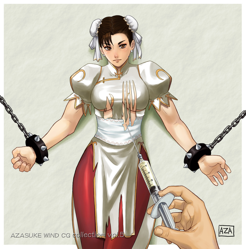 azasuke bracelet capcom chained chains chun-li double_bun double_buns highres jewelry spiked_bracelet spikes street_fighter torn_clothes