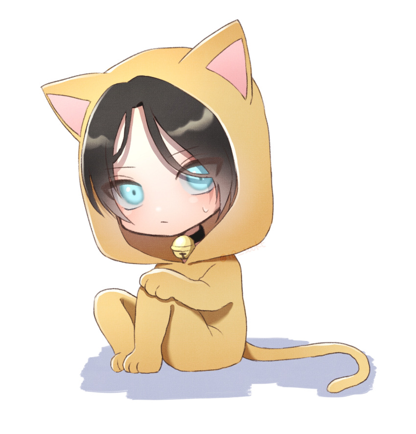 animal_costume animal_hood animification apex_legends azuha bell black_choker black_hair blue_eyes blush cat_costume cat_hood cat_tail chibi choker highres hood looking_at_viewer neck_bell onesie sitting sweatdrop tail white_background wraith_(apex_legends)