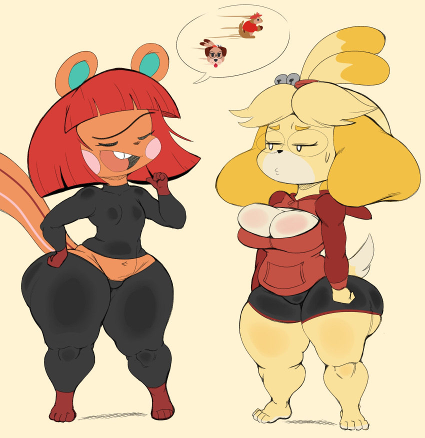 animal_crossing anthro big_breasts bodily_fluids bottomwear bragging breast_size_difference breasts buckteeth canid canine canis cleavage cleavage_cutout clothed clothing domestic_dog duo eyebrows eyes_closed eyewear female glasses hair half-closed_eyes hazel_(animal_crossing) hi_res hoodie isabelle_(animal_crossing) mammal midriff narrowed_eyes navel nintendo open_mouth orange_body purple_yoshi_draws red_hair rodent sciurid shih_tzu shorts speech_bubble sweat sweatpants sweatshirt teeth thick_thighs topwear toy_dog tree_squirrel unibrow video_games wide_hips yellow_body