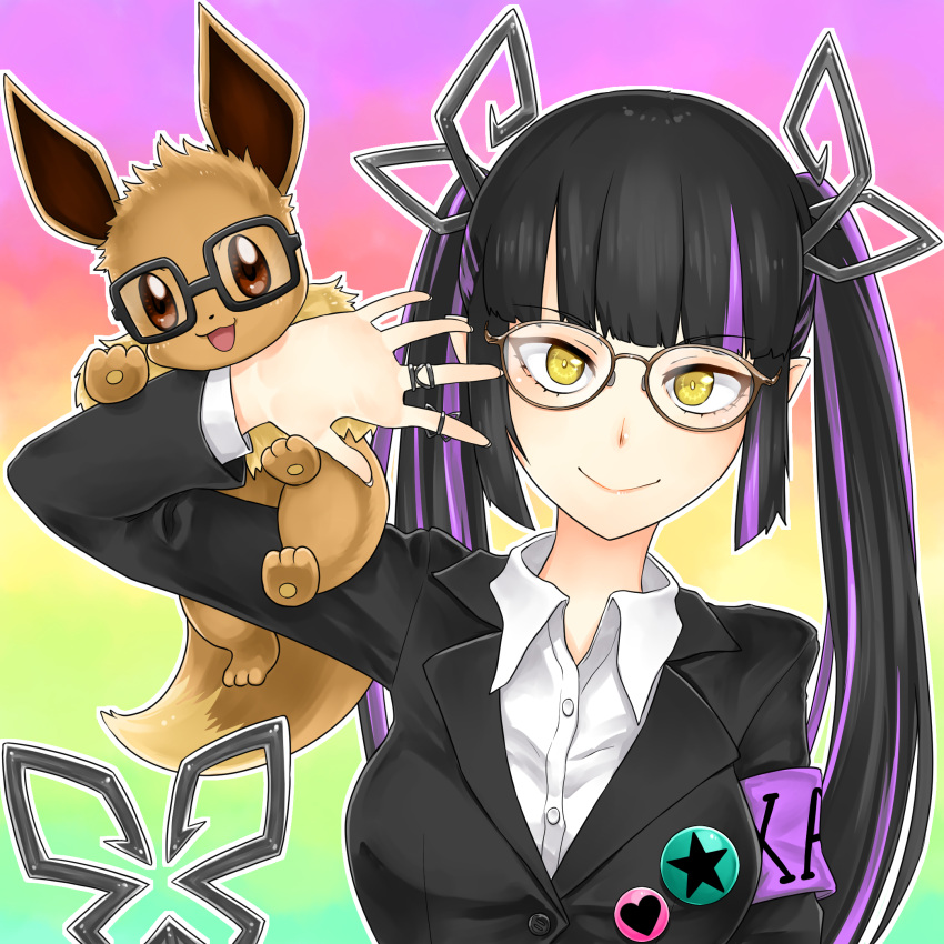 1girl alternate_costume bangs bespectacled black-framed_eyewear black_hair black_jacket blunt_bangs breasts brown-framed_eyewear closed_mouth collared_shirt commentary_request demon_girl demon_horns demon_tail eevee engacyo_(engacyo39800yen) glasses gradient gradient_background highres horns jacket jewelry kojo_anna long_hair long_sleeves looking_at_viewer medium_breasts multicolored_hair pointy_ears pokemon pokemon_(creature) purple_hair rainbow_background rainbow_gradient rectangular_eyewear ring shirt smile sugar_lyric tail twintails two-tone_hair upper_body virtual_youtuber white_shirt yellow_eyes