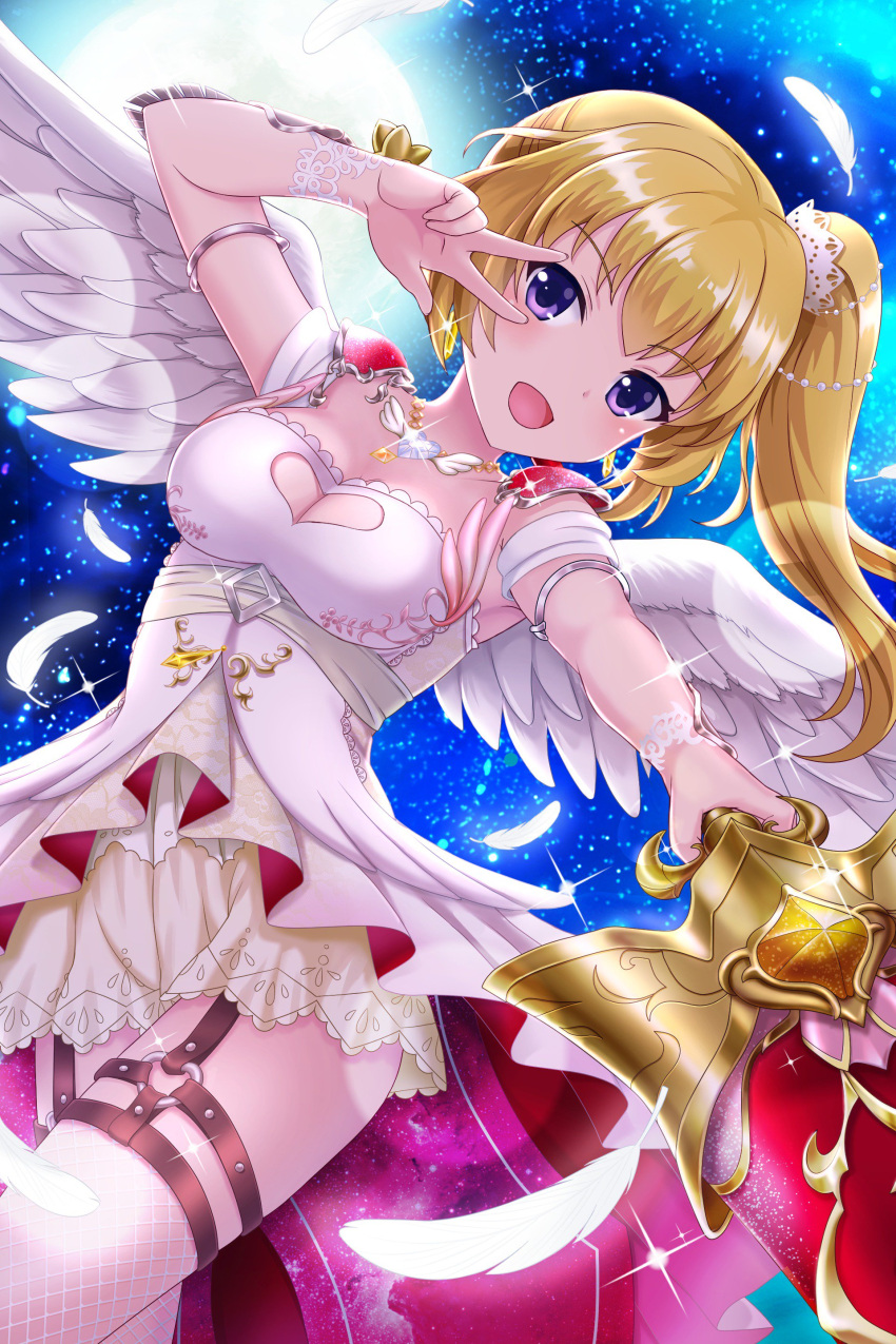 1girl absurdres alternative_girls angel_wings armlet blonde_hair breasts cleavage dress eyebrows_visible_through_hair full_moon heart heart_necklace highres holding holding_weapon jewelry looking_at_viewer mizushima_airi moon night night_sky official_art open_mouth ponytail purple_eyes side_ponytail sky smile solo v weapon white_dress wings