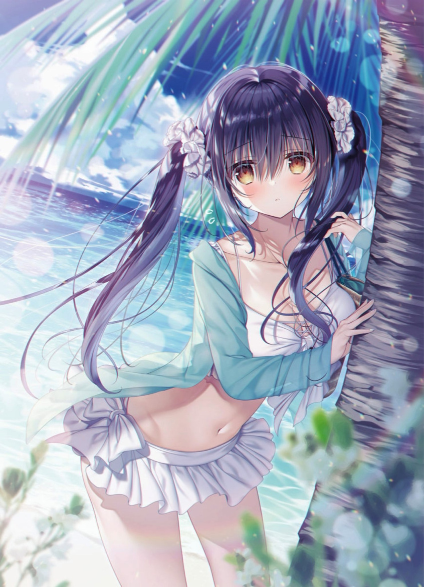 1girl bangs bare_shoulders beach blurry blurry_foreground blush bow bra breasts brown_eyes cleavage closed_mouth cloud cloudy_sky collarbone dutch_angle eyebrows_visible_through_hair frilled_bra frilled_panties frills green_shirt hair_between_eyes hair_ornament highres large_breasts long_hair looking_at_viewer navel ocean open_clothes open_shirt original outdoors panties purple_hair shirt sidelocks sky solo standing stomach summer sunlight swimsuit tanihara_natsuki tree twintails underwear white_bow white_bra white_panties white_swimsuit