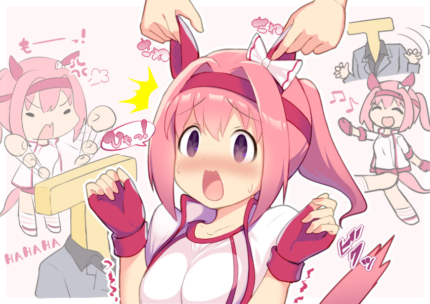 animal_ears blush breasts buruma cleavage collarbone embarrassed fingerless_gloves gloves gym_uniform hair_ribbon haru_urara_(umamusume) headband highres horse_ears horse_tail long_hair medium_breasts mocchi open_mouth ponytail ribbon simple_background t-head_trainer tail trainer_(umamusume) umamusume