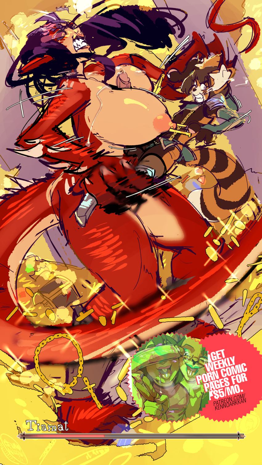 advertisement ailurid ana_(shadowtrickss) curvy_figure digital_media_(artwork) dragon duo fantasy female gynomorph gynomorph/female hi_res hyper intersex intersex/female kenno_arkkan mammal money red_panda size_difference tiamat_(buxombalrog) treasure_hoard voluptuous