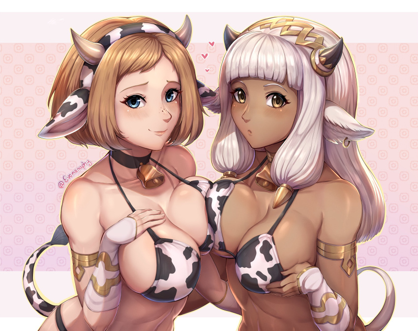 2girls absurdres alternate_costume animal_costume animal_ears animal_print arm_strap ash_(fire_emblem) bare_shoulders bell bikini black_horns blue_eyes blush breast_press breasts brown_eyes brown_hair choker cleavage cow_ears cow_girl cow_horns cow_print cow_tail cowbell dark-skinned_female dark_skin ear_piercing evomanaphy fire_emblem fire_emblem_heroes freckles gold_hairband gold_trim heart highres horn_ornament horns jewelry kiran_(fire_emblem) large_breasts multiple_girls piercing short_hair silver_hair swimsuit tail twitter_username