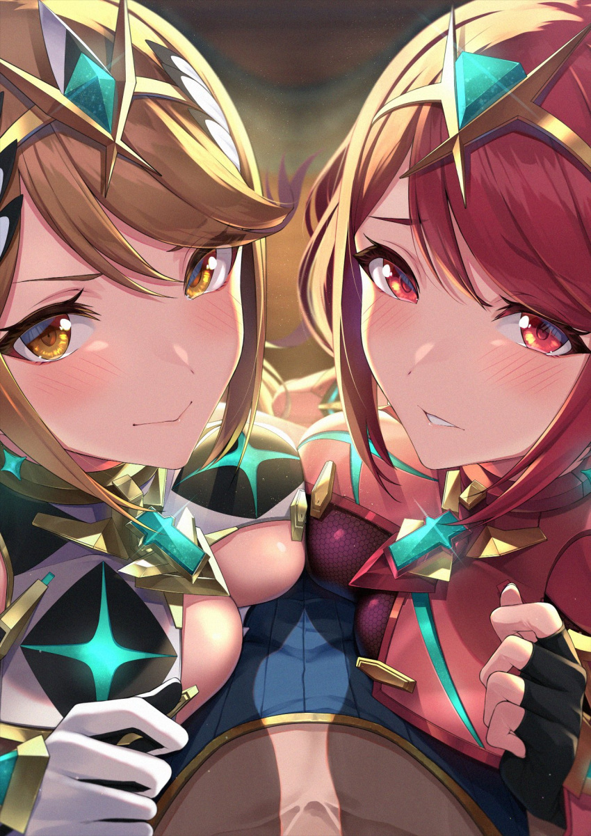 2girls bangs bare_shoulders black_gloves blonde_hair blush breasts chest_jewel cleavage dress earrings elbow_gloves fingerless_gloves gloves highres jewelry large_breasts long_hair looking_at_viewer multiple_girls mythra_(xenoblade) pyra_(xenoblade) red_eyes red_hair rex_(xenoblade) short_hair smile swept_bangs tiara white_dress white_gloves xenoblade_chronicles_(series) xenoblade_chronicles_2 yellow_eyes yuuki_shin