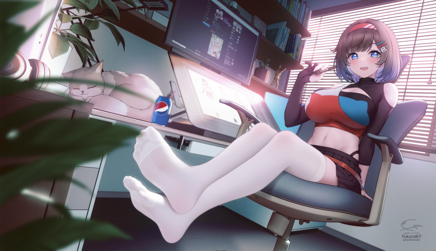 1girl animal black_gloves black_skirt blue_eyes book breasts brown_hair can cat chair crossed_legs feet fukuro_ko_(greentea) full_body gloves hair_ornament hairband hairclip highres holding holding_stylus large_breasts looking_at_viewer midriff navel on_chair open_mouth original patreon_username pepsi plant red_hairband short_hair signature single_glove sitting skirt smile soles solo stylus tablet_pc thighhighs twitter_username white_legwear window