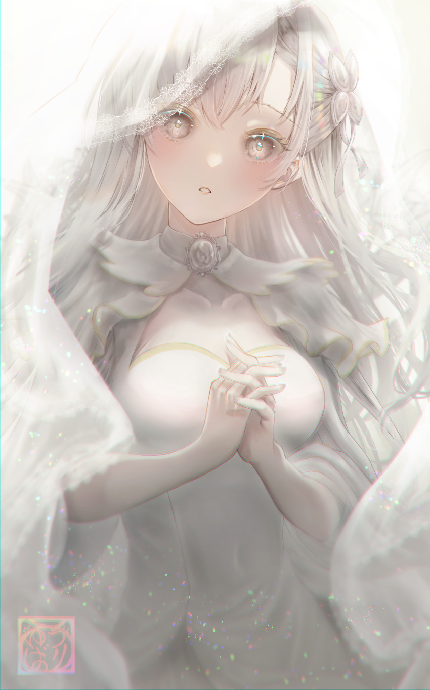 1girl :o absurdres blush braid dress ears frills gloves grey_eyes hair_between_eyes hair_ornament head_tilt highres lace lace-trimmed_dress lace_trim lace_veil looking_at_viewer open_mouth original own_hands_clasped own_hands_together rainbow_gradient veil white_dress white_hair white_veil yuubarish
