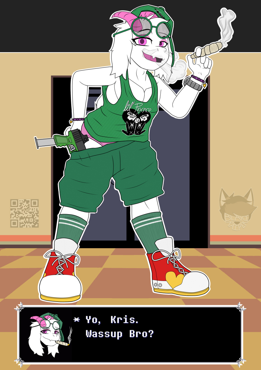 &lt;3 5_fingers absurd_res anthro blaki_raiper bottomwear bovid bracelet caprine clock clothing deltarune dialogue dialogue_box digital_media_(artwork) drugs english_text extended_mag eyebrows eyewear eyewear_on_head fangs fingers flat_colors footwear fur gangster ghetto glasses glasses_on_head glock goat green_bottomwear green_clothing green_eyewear green_footwear green_glasses green_hat green_headwear green_shirt green_shorts green_socks green_topwear gun handgun hat headgear headwear hi_res horn iron_sights jewelry jewlery looking_at_viewer male mammal marijuana meme panties pink_clothing pink_eyes pink_horn pink_panties pink_underwear pistol qr_code ralsei ralsei_smoking_blunt ralsei_with_a_gun ranged_weapon red_clothing red_footwear red_shoes school shirt shoes shorts smoke smoke_from_mouth smoke_from_nose smoking socks solo solo_focus text tongue topwear undertale_(series) underwear video_games weapon white_body white_fur yellow_clothing yellow_footwear yellow_shoes young