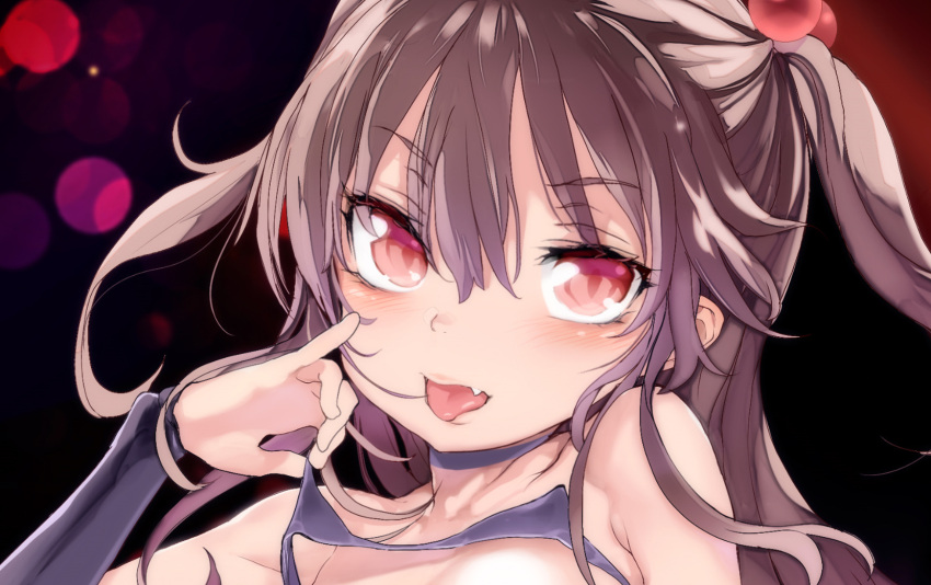 1girl bikini blush brown_hair choker fang hair_bobbles hair_ornament highres looking_at_viewer micro_bikini mochi_(circle_rin) nude original pinky_out purple_choker red_eyes solo swimsuit tongue tongue_out two_side_up undone_bikini