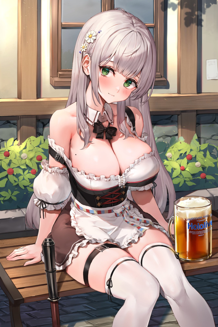 1girl bangs bare_shoulders blush breasts cleavage green_eyes highres hololive large_breasts long_hair looking_at_viewer oyu_(sijimisizimi) shirogane_noel silver_hair solo thighhighs thighs virtual_youtuber white_legwear