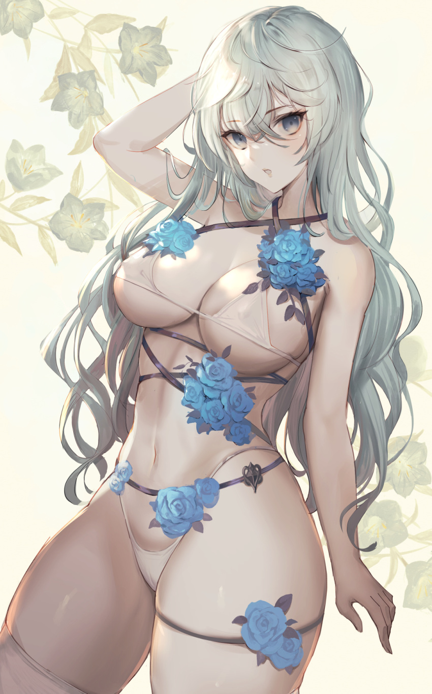 1girl arm_up bare_arms bare_shoulders bikini black_eyes blue_flower breasts cleavage covered_nipples cowboy_shot criss-cross_halter flower grey_hair halterneck highleg highleg_bikini highres large_breasts long_hair looking_at_viewer matsumoto_mitsuaki navel original parted_lips rose solo stomach string_bikini swimsuit thigh_strap thighhighs thighs very_long_hair white_bikini white_legwear