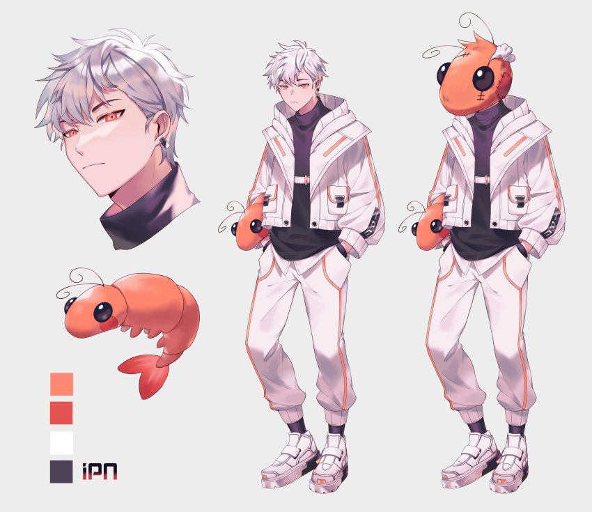 1boy absurdres alliance_(team) black_shirt character_name character_sheet color_guide grey_background grey_hair hair_behind_ear hand_in_pocket highres holding holding_stuffed_toy ipn jacket looking_at_viewer looking_down male_focus multiple_views official_art orange_eyes pants papercider shirt shrimp_costume stuffed_shrimp stuffed_toy white_background white_footwear white_jacket white_pants