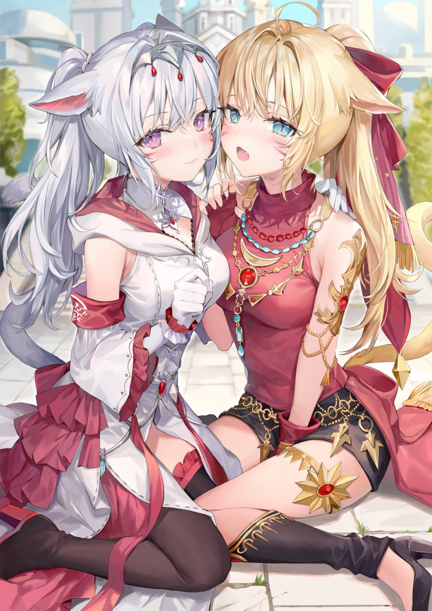 2girls ahoge animal_ears avatar_(ffxiv) bangs bare_shoulders black_shorts blonde_hair blurry blurry_background blush breasts brown_legwear building cat_ears cat_girl cat_tail detached_sleeves eyebrows_visible_through_hair facial_mark fang final_fantasy final_fantasy_xiv fingerless_gloves frilled frilled_legwear frills gloves green_eyes hair_between_eyes hair_ornament hair_ribbon high_heels highres hood hoodie jewelry large_breasts long_hair looking_at_viewer medium_breasts miqo'te momoko_(momopoco) multiple_girls necklace on_floor open_mouth outdoors parted_lips purple_eyes red_ribbon ribbon short_shorts shorts sitting smile tail thighhighs tree wariza whisker_markings white_hair