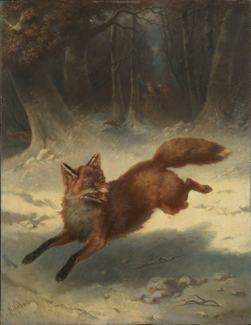 1863 19th_century absurd_res ambiguous_gender ancient_furry_art brown_body brown_fur canid canine carl_fredrik_kioerboe chest_tuft clothed clothing detailed_background feral forest fox fur group hat headgear headwear hi_res human lagomorph leg_markings male mammal markings neck_tuft nude oil_painting_(artwork) open_mouth outside painting_(artwork) plant public_domain quadruped red_fox running signature socks_(marking) solo_focus traditional_media_(artwork) tree tuft