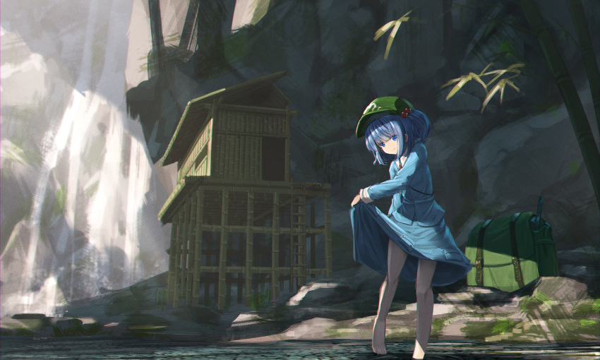 1girl absurdres bag bamboo bangs barefoot blue_dress blue_eyes blue_hair blush closed_mouth collared_dress commentary_request day dress full_body green_headwear hair_bobbles hair_ornament highres kawashiro_nitori leaf lifted_by_self long_sleeves pocket rock ryosios skirt_hold smile solo standing sunlight touhou tree two_side_up water waterfall wing_collar
