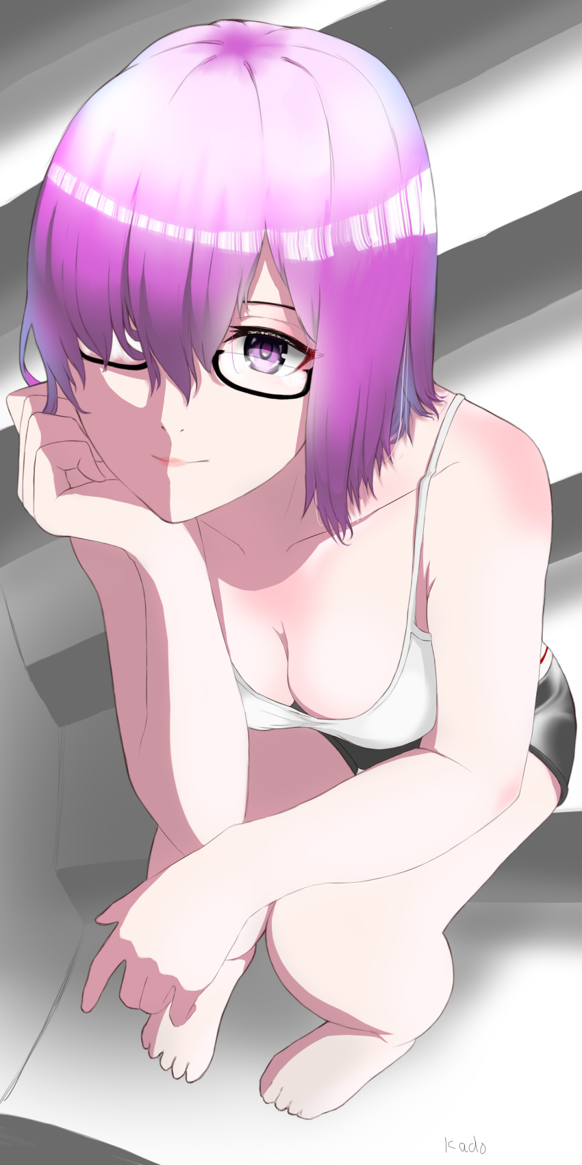 1girl absurdres aoma_kadoyaa bad_feet barefoot fate/grand_order fate_(series) glasses highres lips looking_at_viewer mash_kyrielight one_eye_covered pink_hair purple_eyes short_hair shorts sitting stairs tank_top