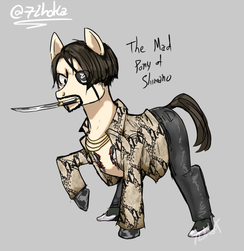 beard bottomwear chest_tattoo clothed clothing equid equine eye_patch eyewear facial_hair feral friendship_is_magic gold_(metal) gold_jewelry goro_majima hasbro hi_res hoka horse jewelry knife male mammal mouth_hold my_little_pony open_clothing pants pony solo tattoo yakuza_(series)