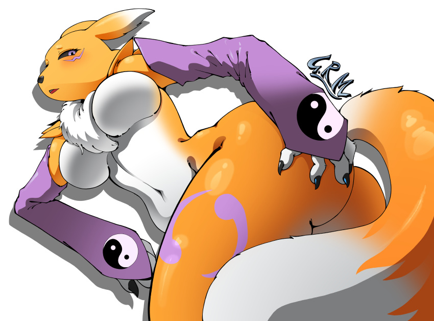 absurd_res anthro armwear bandai_namco black_sclera blush breasts butt canid canine claws clothing digimon digimon_(species) featureless_breasts female fur g.r.m hand_on_butt hi_res mammal markings mostly_nude open_mouth renamon signature simple_background solo tuft white_background white_body white_fur yellow_body yellow_fur