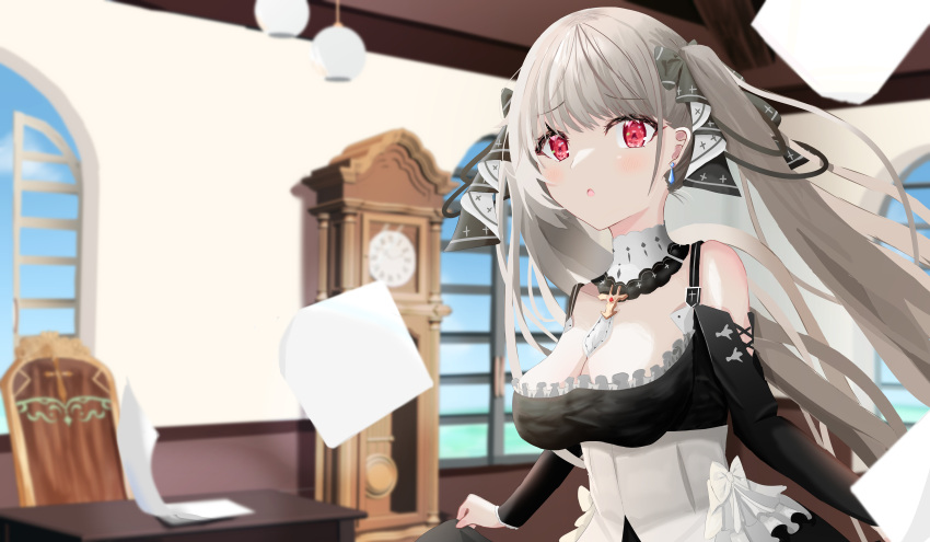 1girl absurdres alternate_breast_size azur_lane bare_shoulders between_breasts black_dress bow_dress breasts cleavage clock clothing_cutout dress eyebrows_visible_through_hair formidable_(azur_lane) frilled_dress frills gothic_lolita grandfather_clock grey_hair highres indoors lolita_fashion long_hair looking_at_viewer medium_breasts neckerchief originzeeta pantyhose paper pendulum_clock red_eyes ribbon shoulder_cutout skirt_hold solo table twintails two-tone_dress two-tone_ribbon upper_body very_long_hair white_neckerchief window