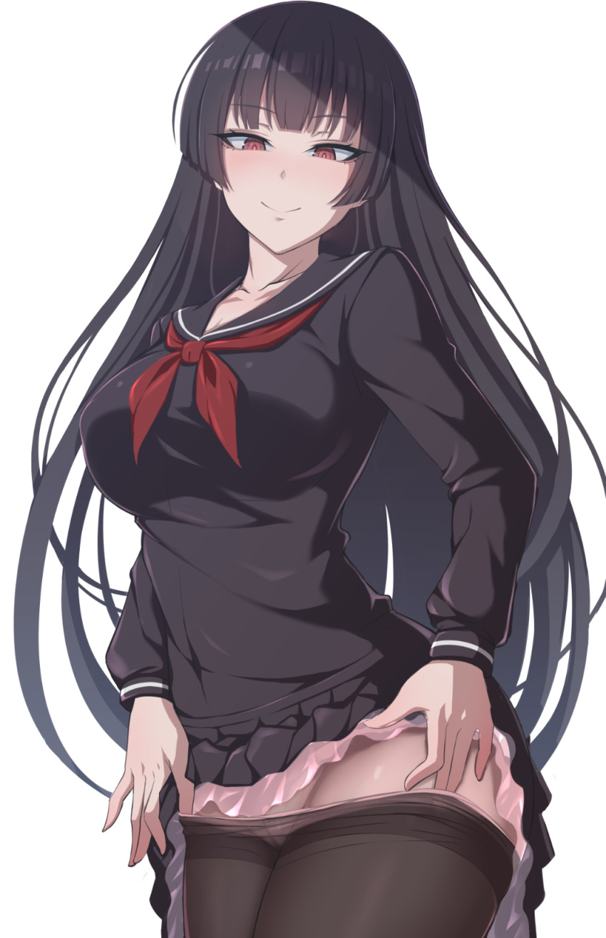 1girl bangs black_hair black_legwear black_serafuku blunt_bangs blush breasts clothes_pull commentary_request highres kanoe_yuuko long_hair looking_at_viewer open_mouth panties panties_under_pantyhose panty_pull pantyhose pantyhose_pull red_eyes ruberule school_uniform serafuku solo tasogare_otome_x_amnesia thighband_pantyhose transparent_background underwear