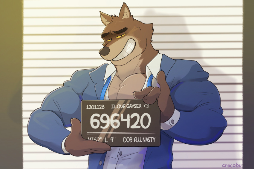 &lt;3 2021 anthro big_muscles canid canine canis clothed clothing crocobu dreamworks dress_shirt english_text eyebrows fur half-length_portrait hi_res holding_object humor looking_at_viewer male mammal mr._wolf_(the_bad_guys) mugshot muscular muscular_anthro muscular_male narrowed_eyes necktie number numbered_tag open_clothing open_shirt open_topwear pecs police_lineup portrait shirt smile solo stated_homosexuality stated_sexuality station teeth text the_bad_guys topwear tuft wolf