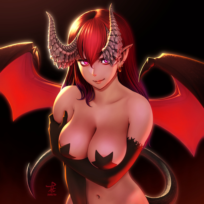 1girl areolae arm_under_breasts backlighting bangs bare_shoulders black_background black_gloves black_wings breast_hold breasts closed_mouth collarbone commentary_request demon_girl demon_horns demon_tail demon_wings dragon_horns earrings elbow_gloves gloves hair_between_eyes hand_on_own_arm highres horiishi_horuto horns jewelry large_breasts lips looking_at_viewer navel original pasties pointy_ears purple_eyes red_hair red_wings simple_background smirk star_pasties straight_hair tail upper_body wings