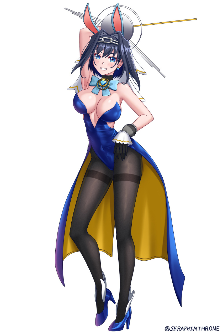 1girl absurdres animal_ears arm_behind_head arm_up armpits bangs bare_shoulders black_gloves black_hair black_legwear blue_bow blue_bowtie blue_eyes blue_footwear blue_leotard blush bow bowtie breasts chain cleavage clock detached_collar earrings fake_animal_ears full_body gloves hair_between_eyes hair_intakes halo heart high_heels highres hololive hololive_english jewelry large_breasts leotard looking_at_viewer mechanical ouro_kronii pantyhose playboy_bunny pose rabbit_ears seraphim_throne short_hair simple_background smile solo strapless strapless_leotard teeth thighband_pantyhose twitter_username veil virtual_youtuber white_background