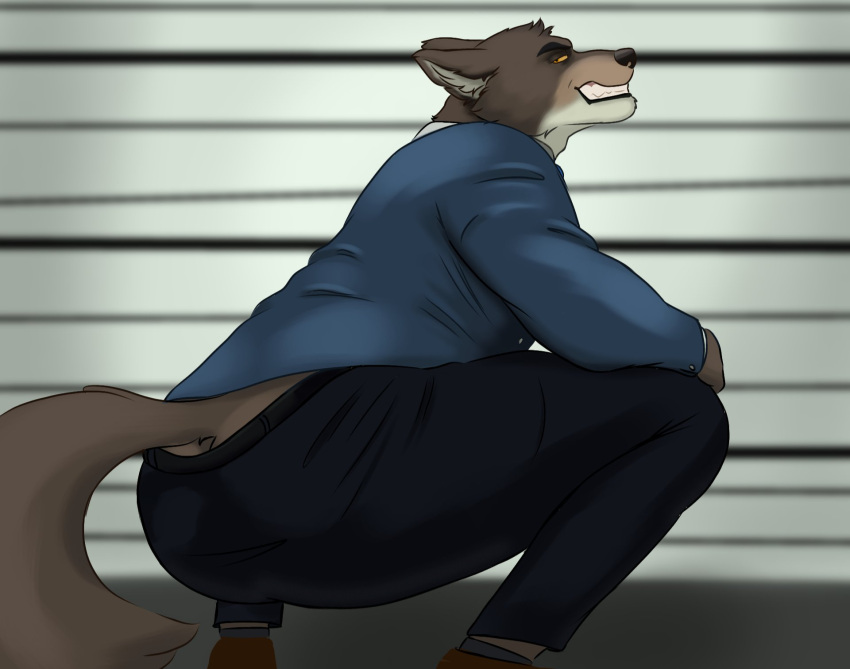 2021 anthro bottomwear butt canid canine canis chassty clothing dreamworks hi_res male mammal mr._wolf_(the_bad_guys) pants police_lineup presenting presenting_hindquarters solo station teeth the_bad_guys wolf