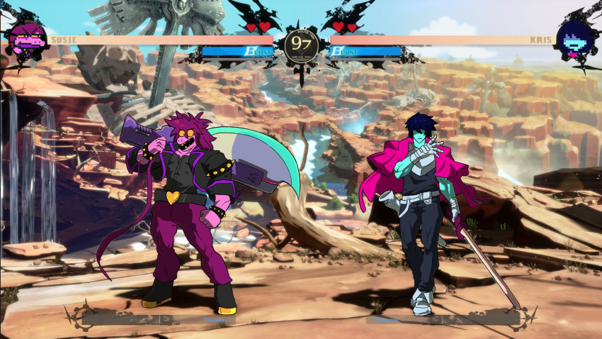 2021 anthro armband bracelet clothed clothing deltarune dinosaur duo female fighting_game gameplay_mechanics garrts gloves guilty_gear handwear health_bar hi_res holding_axe holding_object holding_sword holding_weapon human humor jewelry kris_(deltarune) kris_where_are_we male mammal melee_weapon meme obscured_eyes parody reptile scalie screencap screencap_background spiked_armband spiked_bracelet spikes susie_(deltarune) sword timer undertale_(series) video_games weapon