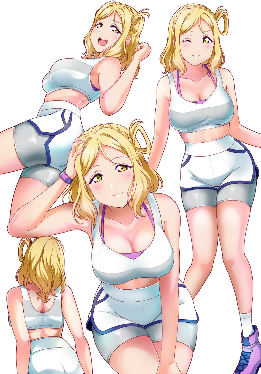 1girl :d absurdres arm_up bangs bare_shoulders bike_shorts blonde_hair blush braid breasts cleavage crown_braid dolphin_shorts facing_away facing_viewer hair_rings highres large_breasts layered_clothing looking_at_viewer love_live! love_live!_sunshine!! medium_hair midriff multiple_views ohara_mari one_eye_closed purple_footwear shoes shorts simple_background smartwatch smile sports_bra sportswear teeth tsumikiy white_background white_shorts yellow_eyes