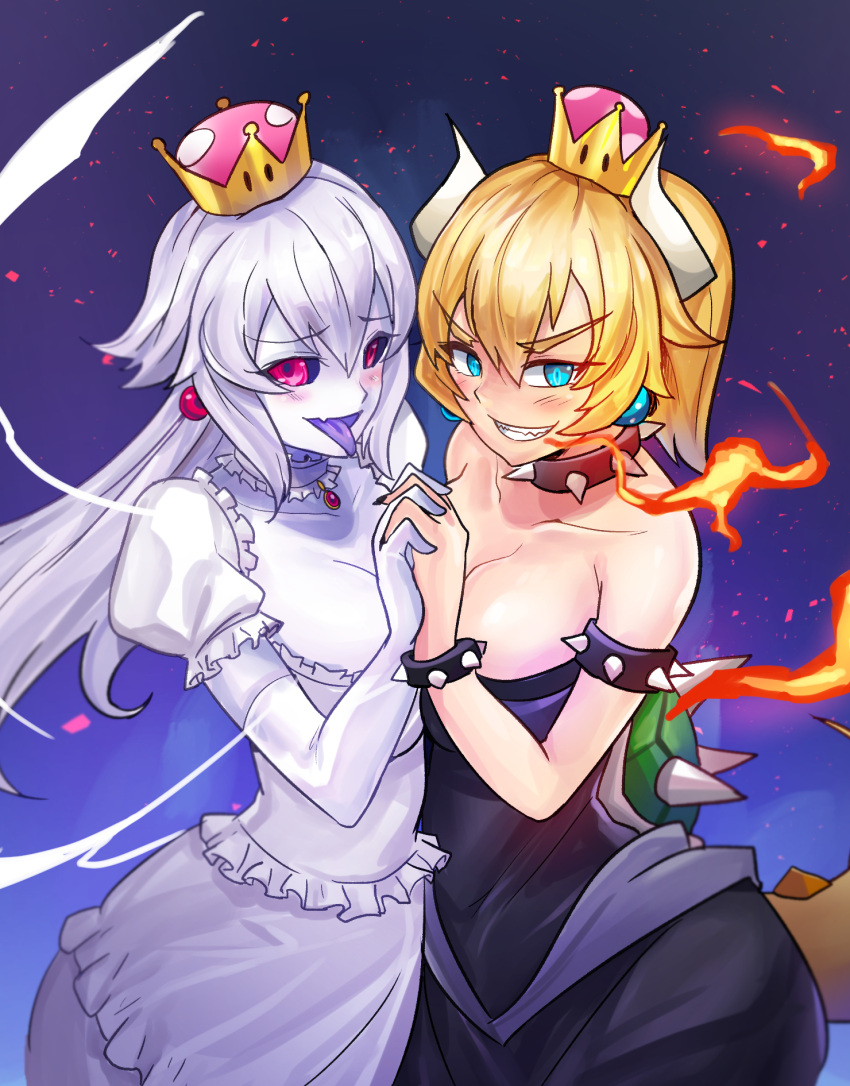 2girls black_dress black_nails black_sclera blonde_hair blue_eyes bowsette breasts cleavage colored_sclera colored_skin colored_tongue dress elbow_gloves eyebrows_visible_through_hair fang gloves grin highres horns ibenz009 large_breasts long_hair looking_at_viewer mario_(series) multiple_girls new_super_mario_bros._u_deluxe parted_lips pink_eyes ponytail princess_king_boo purple_tongue skin_fang smile super_crown teeth white_dress white_gloves white_skin