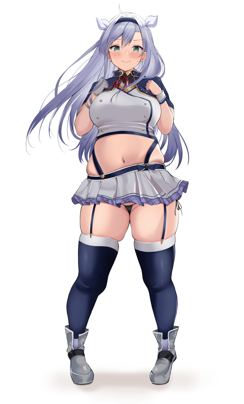 1girl absurdres ahoge bangs black_panties blue_legwear blush boots breasts closed_mouth commentary_request contrapposto dot_nose eyebrows_visible_through_hair full_body garter_straps gloves green_eyes grey_footwear hair_between_eyes hair_intakes hairband highres light_purple_hair long_hair looking_at_viewer midriff miniskirt muffin_top navel neneneji panties pleated_skirt plump red_neckwear rokudenashi_majutsu_koushi_to_akashic_record shadow short_sleeves side-tie_panties simple_background single_glove sistine_fibel skirt smile solo standing straight-on string_panties sweatdrop thick_thighs thighhighs thighs underwear white_background white_legwear wrist_cuffs zettai_ryouiki