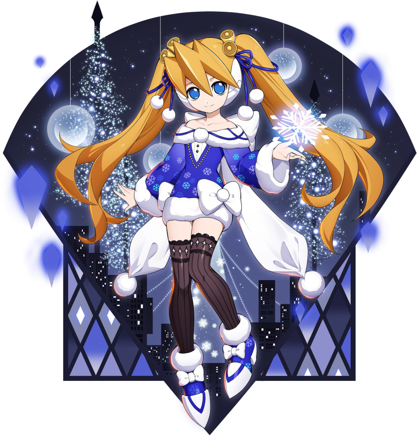 1girl bangs bare_shoulders bell bell_hair_ornament black_legwear blonde_hair blue_dress blue_eyes bow ciel_(mega_man) closed_mouth collarbone detached_sleeves dress flat_chest full_body hair_ornament high_heels highres long_hair long_sleeves looking_at_viewer mega_man_(series) mega_man_x_(series) mega_man_x_dive mega_man_zero mizuno_keisuke non-web_source official_art pom_pom_(clothes) shiny shiny_clothes shiny_hair simple_background smile snowflakes solo strapless strapless_dress thighhighs tied_hair zettai_ryouiki