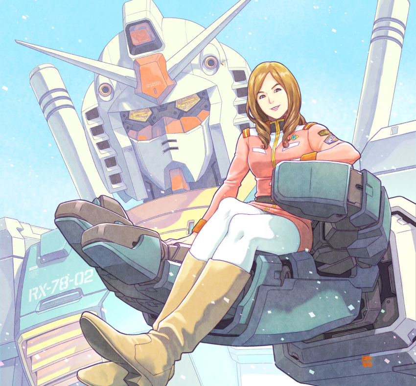 1girl absurdres album_cover boots breasts brown_footwear brown_hair cosplay cover gundam highres in_palm jacket kotobuki_tsukasa looking_at_viewer mecha medium_breasts medium_hair military military_uniform mobile_suit mobile_suit_gundam moriguchi_hiroko official_art on_mecha parted_lips pink_jacket real_life rx-78-2 sayla_mass sayla_mass_(cosplay) sitting smile uniform v-fin yellow_eyes