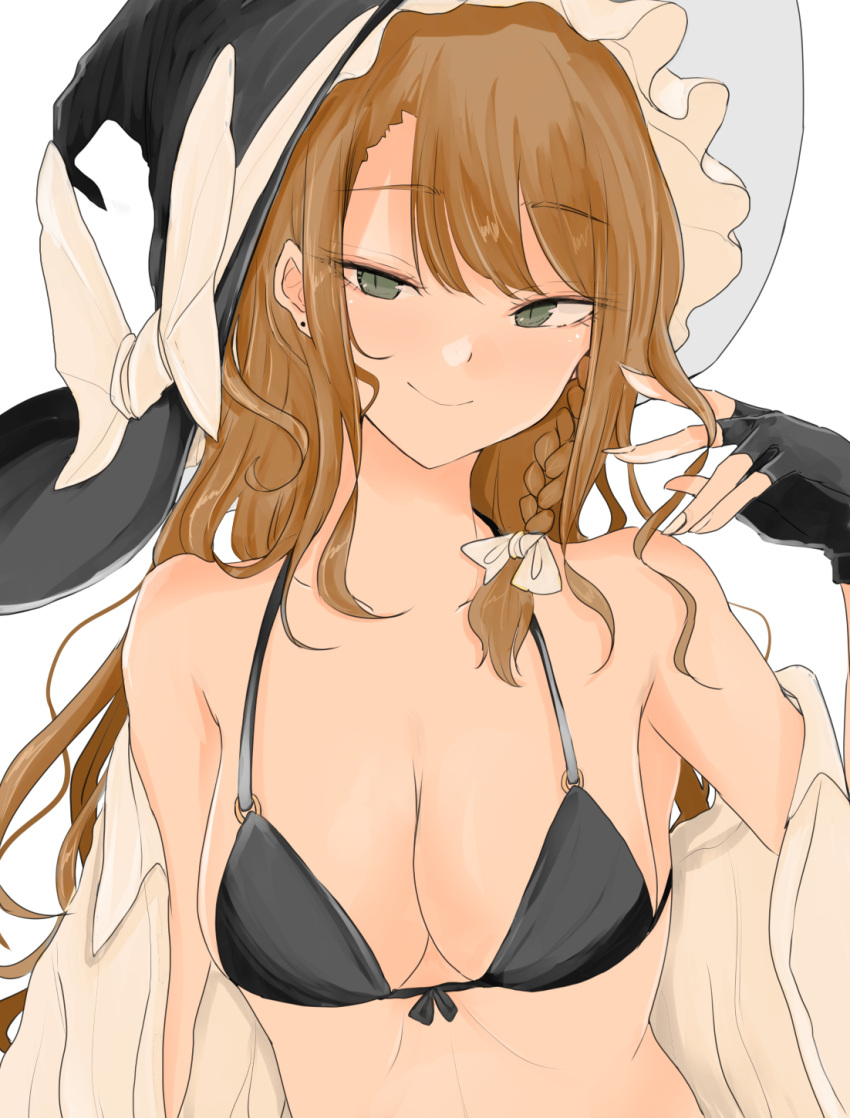 1girl alternate_eye_color armpit_peek bangs black_bra black_gloves blonde_hair bow bra braid closed_mouth collarbone fingerless_gloves gloves green_eyes hair_bow hat hat_bow highres kirisame_marisa large_forehead long_hair necro_(nekurodayo) open_clothes open_shirt side_braid simple_background single_braid smile solo touhou underwear undressing white_background white_bow witch_hat