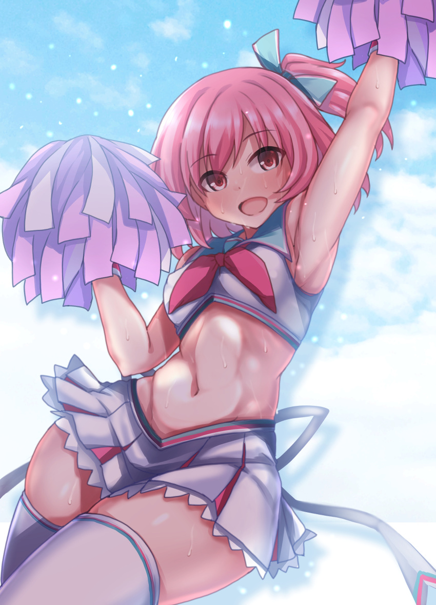 1girl :d absurdres aqua_bow aqua_sailor_collar arm_up armpits assault_lily bangs bare_shoulders blue_sky bow breasts cheerleader cloud commentary_request cowboy_shot crop_top day eyebrows_visible_through_hair hair_bow hand_up highres hitotsuyanagi_riri holding holding_pom_poms light_particles looking_at_viewer medium_breasts midriff miniskirt navel neckerchief official_alternate_costume one_side_up open_mouth outdoors outstretched_arm pink_eyes pink_hair pink_neckerchief pleated_skirt pom_pom_(cheerleading) sailor_collar shirt short_hair skirt sky sleeveless sleeveless_shirt smile solo standing stomach sweat thighhighs white_legwear white_shirt white_skirt wide_hips yunodon_(sugar_maple) zettai_ryouiki