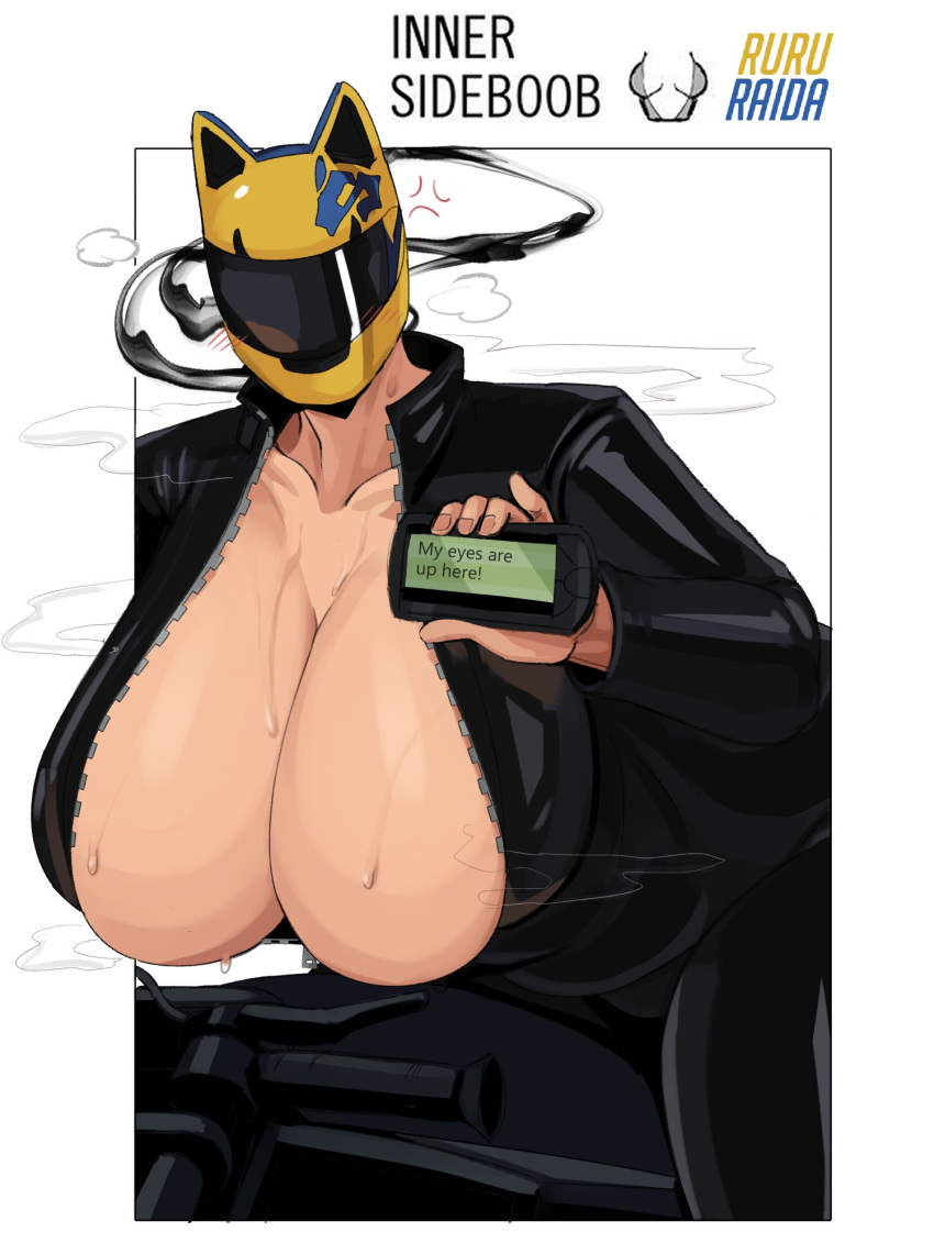 2021 armor big_breasts bodily_fluids breasts cellphone celty_sturluson cleavage clothed clothing collarbone cross-popping_vein digital_drawing_(artwork) digital_media_(artwork) dullahan durarara!! english_text fairy fecharis female headgear helmet hi_res humanoid looking_at_viewer motorcycle motorcycle_helmet my_eyes_are_up_here not_furry open_clothing phone presenting presenting_breasts reflection reflective_clothing ruru-raida-34 signature sketch sketch_background smoke solo spandex steam sweat sweatdrop text tight_clothing vehicle wide_hips