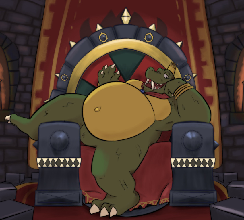 2020 anthro belly crown detailed_background dippubear donkey_kong_(series) green_body hi_res humanoid_hands inside king_k._rool kremling male nintendo overweight overweight_male scalie sitting solo video_games