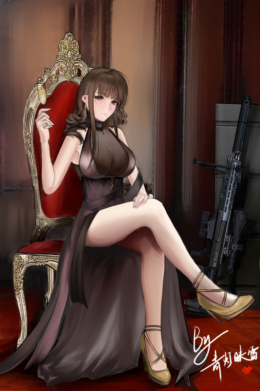 1girl ahoge alternate_costume alternate_hairstyle armlet ass bangs bare_shoulders black_dress blunt_bangs blush breasts brown_hair chair champagne_flute chinese_commentary closed_mouth collarbone commentary_request crossed_legs cup curly_hair dress drinking_glass dsr-50_(girls'_frontline) dsr-50_(weapon) earrings evening_gown eyebrows_visible_through_hair girls'_frontline gold_footwear gun hand_on_own_thigh heart high_heels highres holding holding_cup indoors jewelry large_breasts leaning_forward letter light_particles long_hair looking_at_viewer petals red_eyes revision rifle ruby_(gemstone) see-through sidelocks sitting skindentation smile solo thighs very_long_hair weapon yakumo_yukarii
