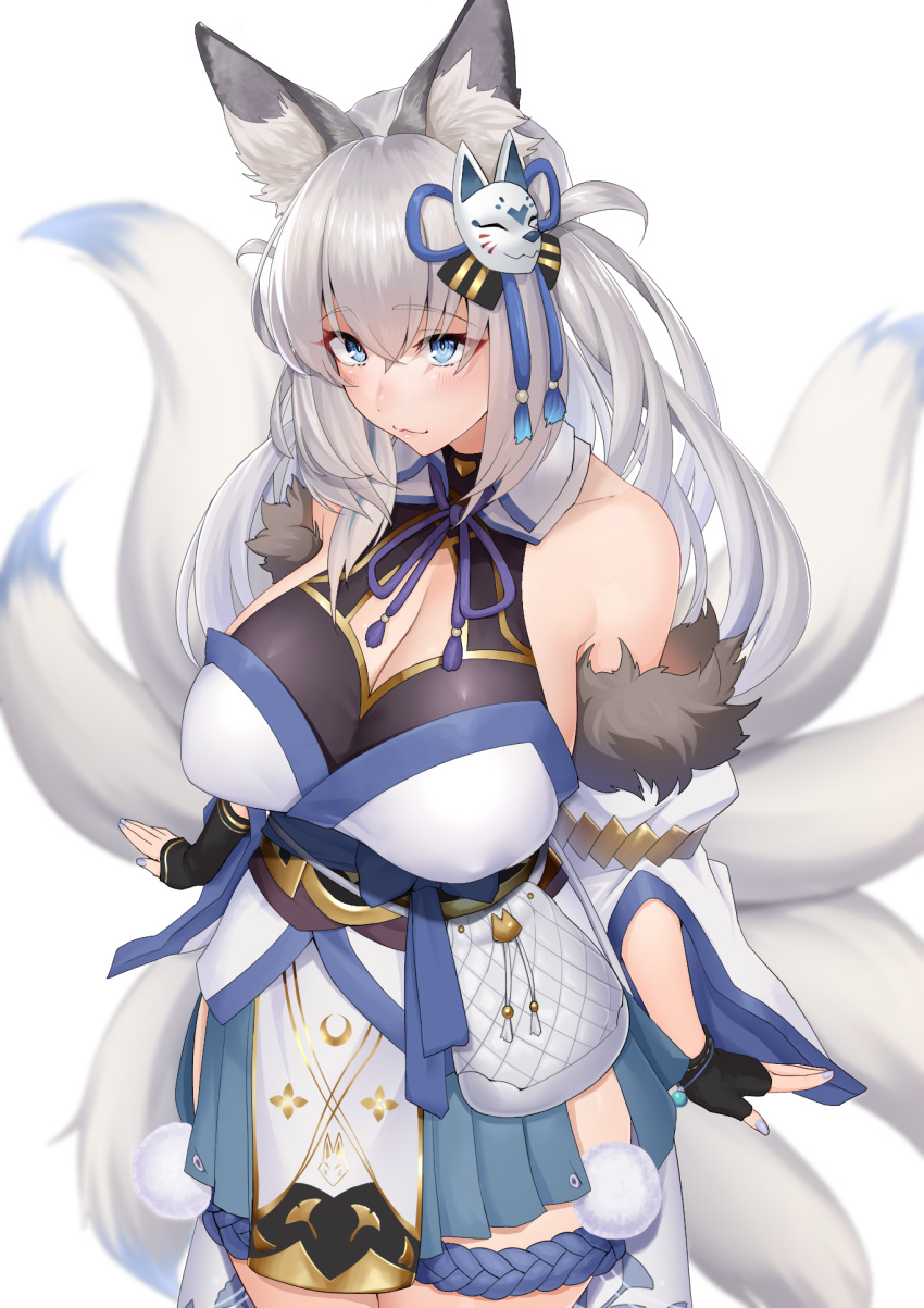 1girl animal_ears bangs bare_shoulders black_gloves blue_eyes blue_nails breasts character_request cleavage closed_mouth copyright_request crossed_bangs detached_sleeves eyebrows_visible_through_hair fingerless_gloves fox_ears fox_tail gloves highres large_breasts mask mask_on_head nail_polish shirofugu tail thighs virtual_youtuber white_hair
