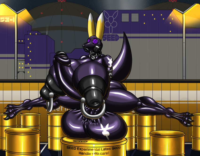 air_vent anthro balancing balls bandai_namco barrel big_balls big_penis black_clothing black_suit clothing detailed digimon digimon_(species) digital_drawing_(artwork) digital_media_(artwork) erection evilfoxyfull factory gas_mask genitals gynomorph hi_res huge_balls huge_penis humanoid_genitalia humanoid_penis hyper hyper_balls hyper_genitalia hyper_nipples hyper_penis intersex lamp logo looking_down mask night nipple_piercing nipples penis piercing rubber rubber_clothing rubber_suit sky smoke solo spread_legs spreading star starry_sky street_lamp suit taomon text white_body window window_light yellow_body