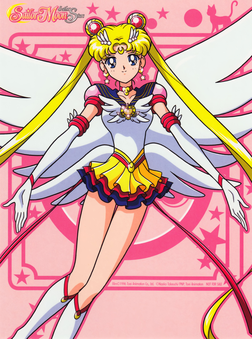 1990s_(style) 1girl bangs bishoujo_senshi_sailor_moon blonde_hair blue_eyes boots copyright_name crescent crescent_earrings crescent_facial_mark double_bun earrings elbow_gloves eyebrows_visible_through_hair facial_mark feet_out_of_frame forehead_mark gloves highres jewelry knee_boots long_hair looking_at_viewer miniskirt multicolored_clothes multicolored_skirt not_for_sale official_art pink_background retro_artstyle sailor_moon sailor_senshi_uniform skirt smile solo star_(symbol) star_earrings tsukino_usagi twintails very_long_hair white_footwear