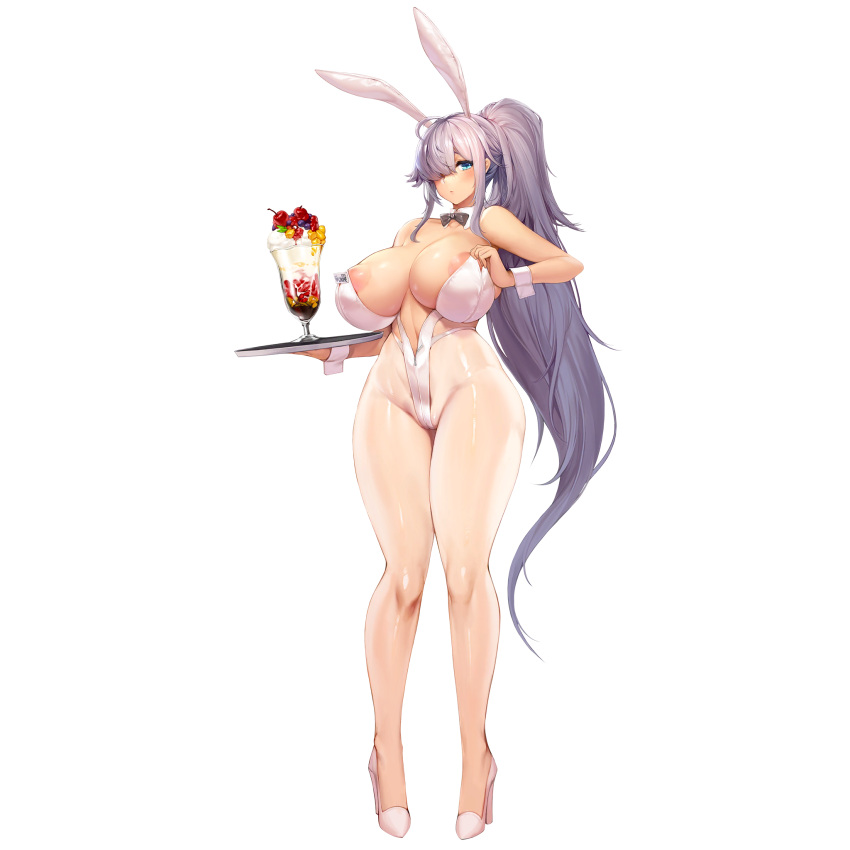 1girl animal_ears areola_slip areolae bow bowtie breasts cherry cream detached_collar fake_animal_ears food fruit full_body glass gnome_(last_origin) hair_over_one_eye high_heels highres huge_breasts ice_cream last_origin leotard long_hair looking_at_viewer name_tag official_art pantyhose parfait playboy_bunny ponytail rabbit_ears silver_hair snowball22 solo strapless strapless_leotard sundae tachi-e very_long_hair white_legwear white_leotard wrist_cuffs