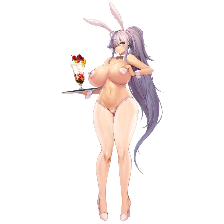 1girl animal_ears areola_slip areolae blush bow bowtie breasts cherry cream detached_collar fake_animal_ears food fruit full_body glass gnome_(last_origin) hair_over_one_eye high_heels highres huge_breasts ice_cream last_origin long_hair looking_at_viewer name_tag navel official_art pantyhose parfait pasties playboy_bunny ponytail rabbit_ears silver_hair snowball22 solo sundae tachi-e tape_on_pussy very_long_hair white_legwear wrist_cuffs
