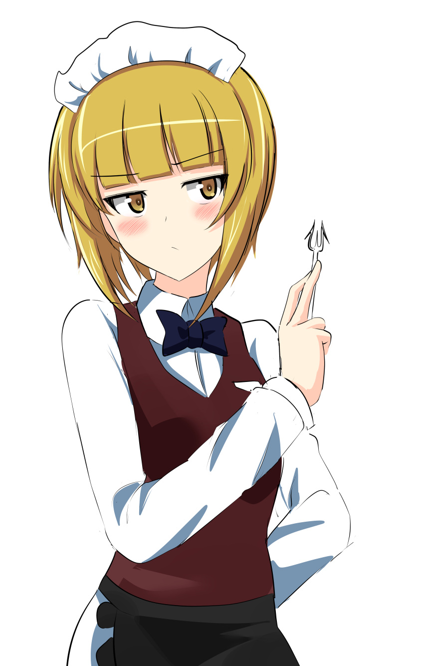 1girl absurdres aikir_(jml5160) apron bangs bartender bike_shorts black_apron blonde_hair blunt_bangs blush bob_cut bow bowtie brown_vest closed_mouth commentary cutlass_(girls_und_panzer) dress_shirt eyebrows_visible_through_hair fork frilled_apron frills frown girls_und_panzer half-closed_eyes hand_on_hip handkerchief highres holding holding_fork long_sleeves looking_at_viewer maid_headdress shirt short_hair simple_background solo upper_body vest waist_apron white_background white_shirt wing_collar yellow_eyes