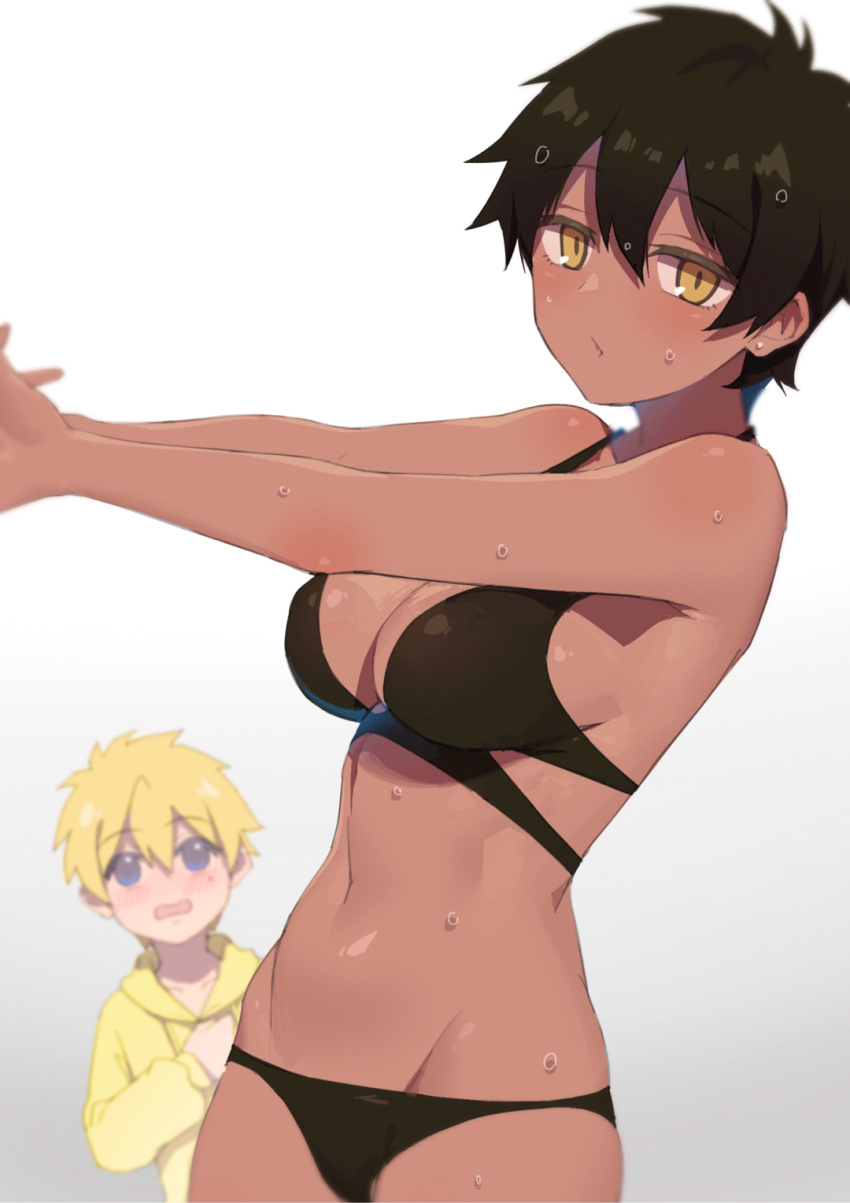 1boy 1girl bikini black_bikini black_hair blonde_hair blurry blurry_background breasts brown_eyes cleavage cowboy_shot dark_skin depth_of_field earrings fiodo gradient gradient_background hair_between_eyes highres jewelry kurobe_natsumi_(shiromanta) looking_at_viewer medium_breasts mole mole_under_eye navel sakurai_yuuto_(shiromanta) senpai_ga_uzai_kouhai_no_hanashi short_hair solo_focus stud_earrings swimsuit wet wet_hair