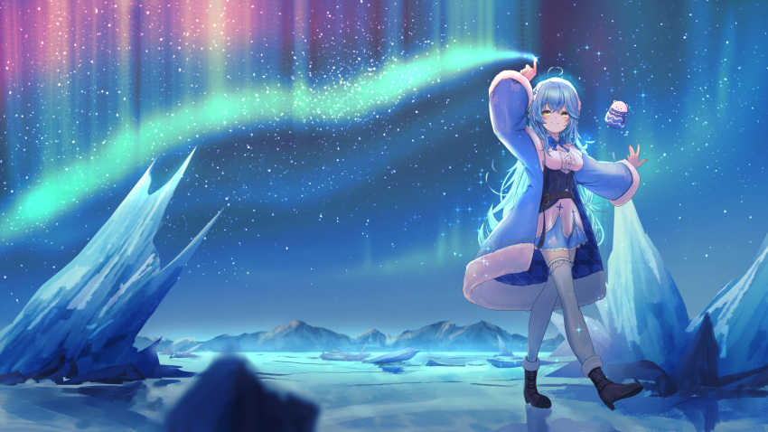 1girl ahoge arm_up aurora bangs blue_bow blue_bowtie blue_coat blue_hair blue_skirt blush boots bow bowtie breasts closed_mouth coat commentary_request corset daifuku_(yukihana_lamy) day eyebrows_visible_through_hair frilled_skirt frills fur-trimmed_coat fur_trim high_heel_boots high_heels highres hololive ice long_hair long_sleeves looking_away medium_breasts multicolored_hair night night_sky open_clothes open_coat outdoors print_skirt ribbon-trimmed_legwear ribbon_trim shirt skirt sky smile snowflake_print solo standing star_(sky) starry_sky streaked_hair thighhighs very_long_hair virtual_youtuber white_legwear white_shirt wide_sleeves yellow_eyes yoruillust yukihana_lamy